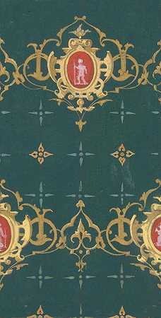 以rinceaux和carouches框架人物为特色的壁纸设计`Design for wallpaper featuring rinceaux and carouches framing figures (1830–97) by Jules-Edmond-Charles Lachaise