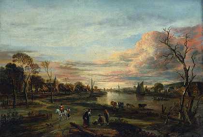 日落时的风景`Landscape at Sunset (1650s) by Aert van der Neer