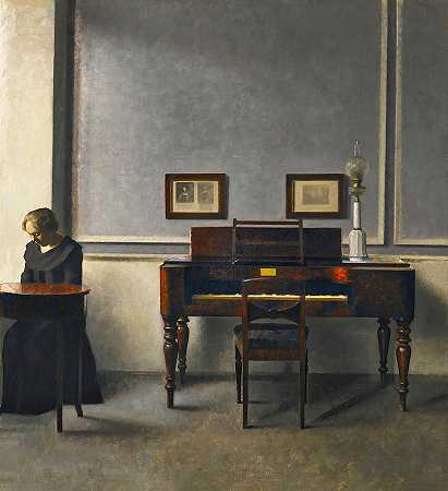 艾达在室内用钢琴演奏`Ida in an Interior with Piano by Vilhelm Hammershoi
