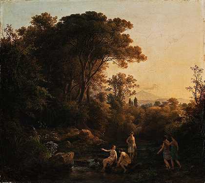 仙女沐浴的风景`Landscape With Nymphs Bathing (1834) by Károly Markó
