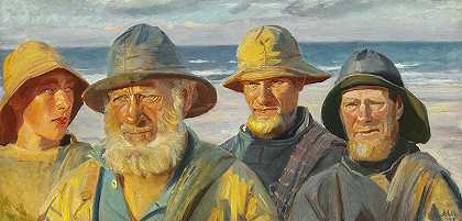 四名渔民在斯卡根海滩晒太阳`Four Fishermen in Sunshine on Skagen Strand by Michael Ancher