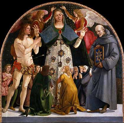 慈悲圣母像塞巴斯蒂安和贝纳迪诺·达锡耶纳`Madonna of Mercy and Saints Sebastian and Bernardino da Siena (circa 1490) by Luca Signorelli