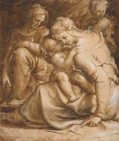 圣母玛利亚与圣安和施洗约翰`Virgin and Child with Saint Anne and John the Baptist (ca. 1550) by Francesco de&; Rossi