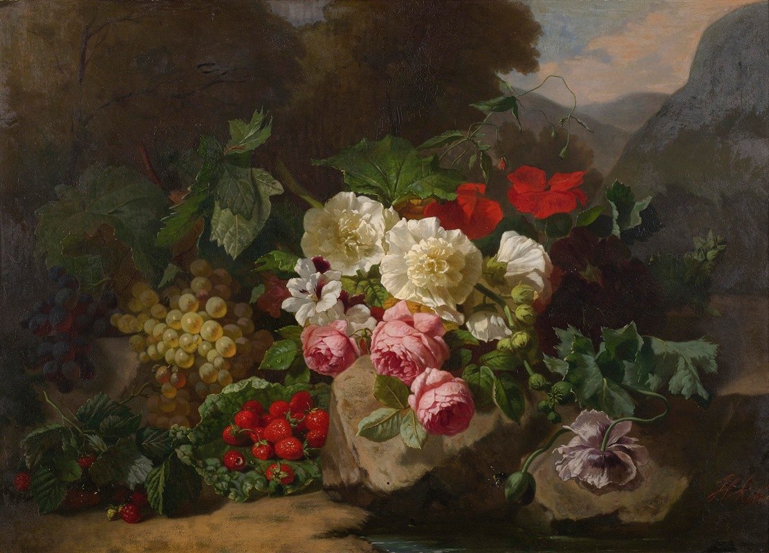 亨利·罗布的《带花和水果的静物画》`Still Life With Flowers And Fruit by Henri Robbe