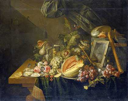 科内利斯·德希姆的《与交配的麻雀的静物》`Still Life With Copulating Sparrows (1657) by Cornelis de Heem