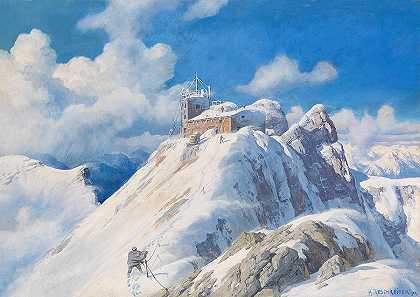 有气象站和慕尼黑之家的祖格斯皮茨峰会`The Zugspitz Summit with Weather Station and Munich House by Rudolph Reschreiter