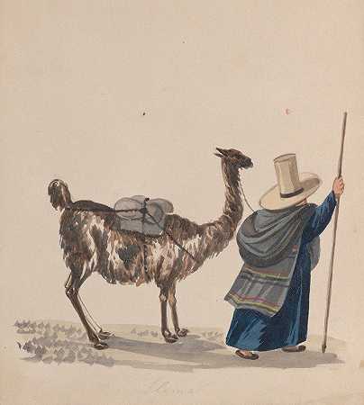 一个带着火焰行走的女人`A woman walking with a Llama (ca. 1848) by Francisco Fierro