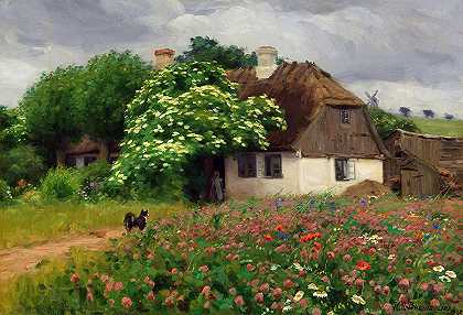 有草地花卉的农舍`Farmhouse with Meadow Flowers by H A Brendekilde