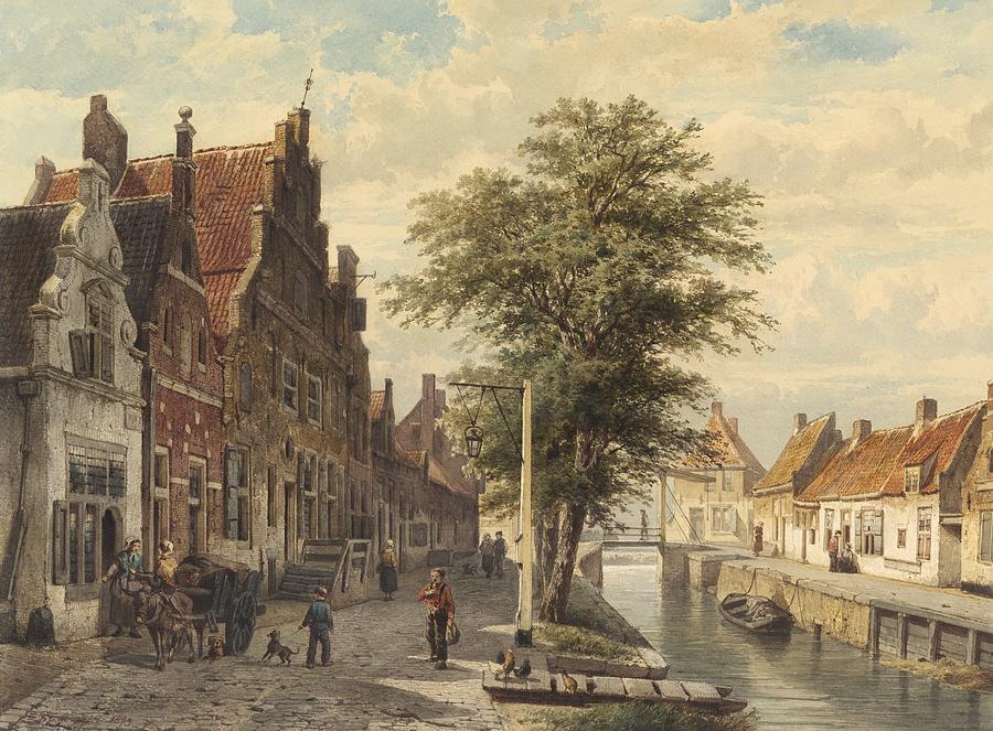 哈塞尔特运河景观`View of the Canal in Hasselt by Cornelis Springer