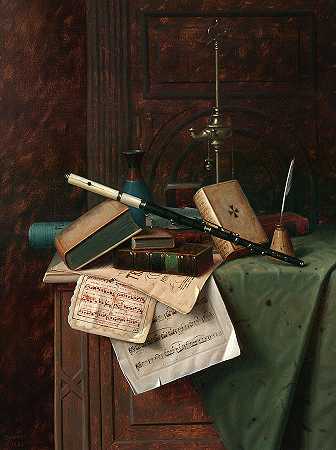 带长笛、花瓶和罗马灯的静物画`Still Life with Flute, Vase and Roman Lamp by William Michael Harnett