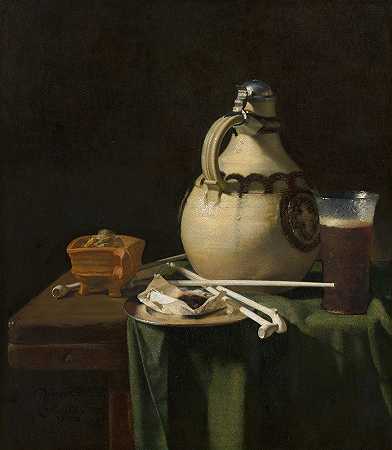 陶制水壶和陶制管的静物画`Still Life with Earthenware Jug and Clay Pipes (1658) by Pieter van Anraedt