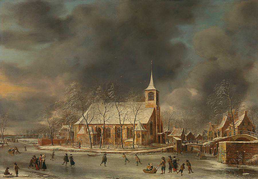 冬季的斯隆教堂景观`View of the Church of Sloten in Winter by Jan Beerstaten