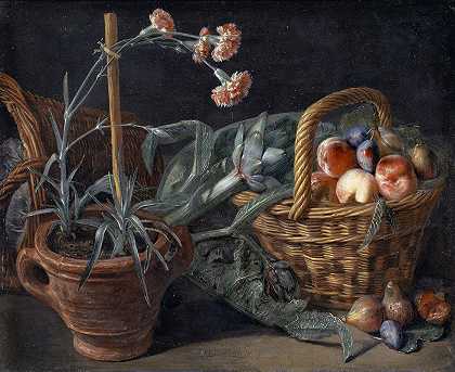 Pieter Snyers的果篮和粉色`Fruit Basket And Pinks by Pieter Snyers