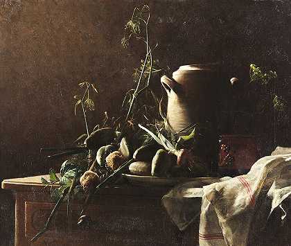 罗伯特·怀利（Robert Wylie）在马桶桌面上展示韭葱、土豆和茴香的静物画`Still Life with Leeks, Potatoes and Fennel on Commode Tabletop (circa 1860~1870) by Robert Wylie
