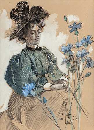 带花的女士`Lady with Flowers (1896) by J.C. Leyendecker