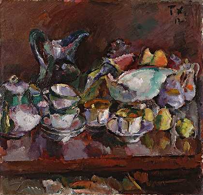 安东·费斯托尔的咖啡杯静物画`Still Life with Coffee Cups (1912) by Anton Faistauer