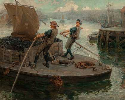 在纽卡斯尔的泰恩河上工作`Working on the Tyne, Newcastle (1905) by Ralph Hedley