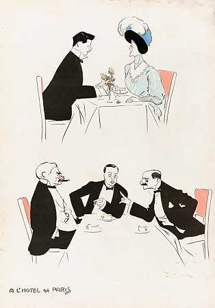 A L巴黎（两张桌子，一张有J.P.摩根`A LHotel de Paris (two tables, one with J. P. Morgan (circa 1910) by Georges Goursat (Sem)