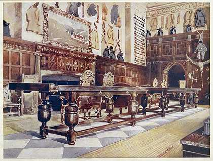 Edwin Foley在Littlecote大厅的铲板桌`Shovelboard table in the Hall of Littlecote (1910 ~ 1911) by Edwin Foley