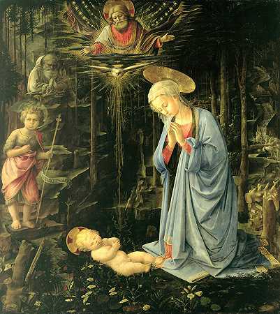 森林中的崇拜`The Adoration in the Forest (1459) by Filippo Lippi