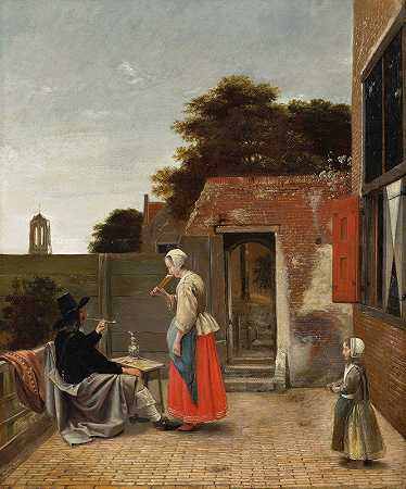 一个男人在院子里抽烟，一个女人在院子里喝酒`A Man Smoking and a Woman Drinking in a Courtyard (c. 1658 ~ 1660) by Pieter De Hooch
