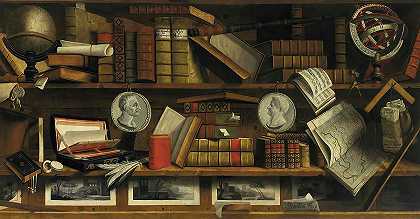 藏书书房，包括雕刻、绘画、信件和书籍`Collector\’s Study with Engravings, Drawings, Letters and Books by Charles Bouillon
