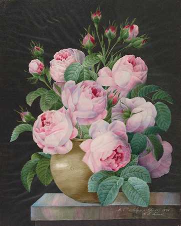 皮埃尔·约瑟夫·雷多特的《花瓶里的粉红玫瑰》`Pink Roses in a Vase (1838) by Pierre Joseph Redouté