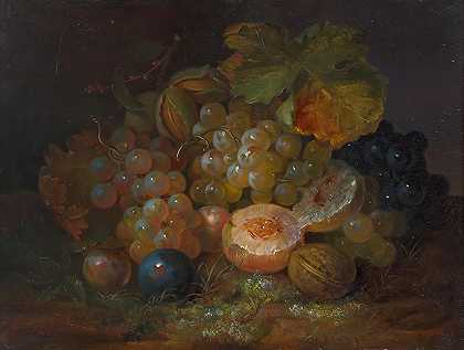 乔治·福斯特的葡萄、李子和杏仁静物画`Still Life with Grapes, Plums and Almonds (1845) by George Forster