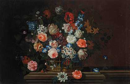 西蒙·哈迪米（Simon Hardimé）的《石头壁架上柳条篮子里的花》`Flowers in a wicker basket on a stone ledge by Simon Hardimé