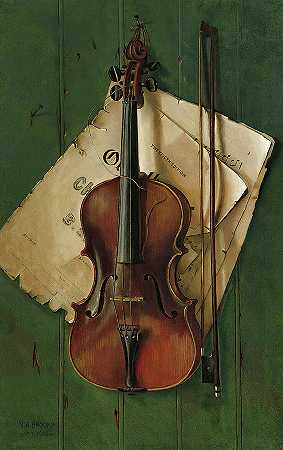 小提琴、弓弦和乐谱的静物画`Still Life with Violin, Bow and Sheet Music by Nicholas Brooks