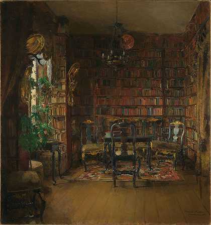 哈丽特·贝克尔的桑瓦尔德·博克图书馆`The Library of Thorvald Boeck (1902) by Harriet Backer