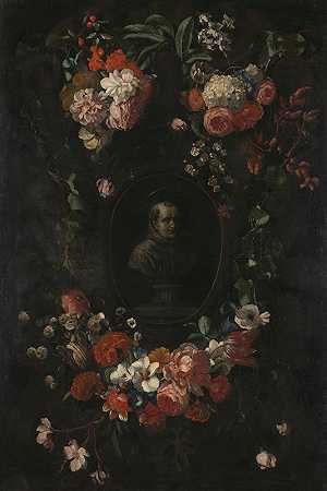 福佑的希罗尼穆斯·维尔达努斯（Hieronymus Werdanus）的假雕塑半身像，镶嵌在假石卡通车中，由沃特·吉萨尔茨（Wouter Gysaerts）用一根棍子和两束花装饰`Feigned, Sculpted Bust of the Blessed Hieronymus Werdanus Set in a Feigned Stone Cartouche, Decorated with a Swag and Two Bunches of Flowers (1676) by Wouter Gysaerts