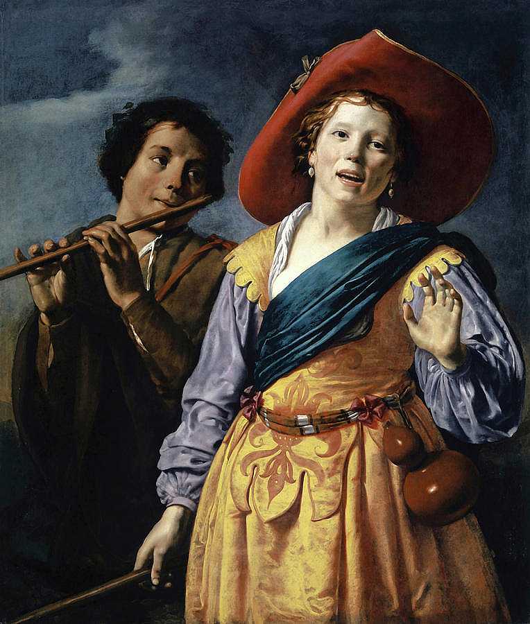 和牧羊人一起唱歌的牧羊女`Singing Shepherdess with Shepherd by Johannes Moreelse