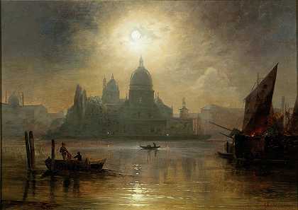 威尼斯，圣玛丽亚礼炮上方的月夜`Venice, A Moonlit Night over the Santa Maria Salute by August Seidel