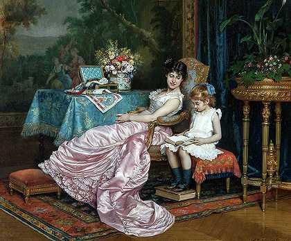 一对母女在读书`A Mother and Daughter Reading by Auguste Toulmouche