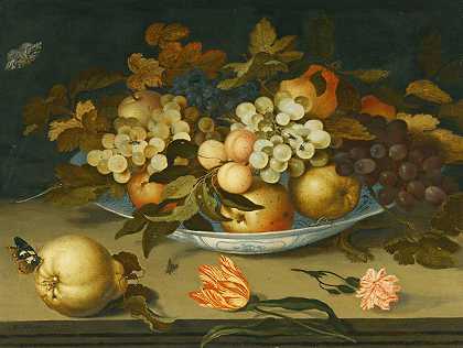 巴尔塔萨·范德阿斯特（Balthasar van der Ast）的《静物》（The Still Life）在一个装有水果的代尔夫特碗上，在一个有花、昆虫和蜥蜴的窗台上`A Still Life With A Delft Bowl Containing Fruit, On A Ledge With Flowers, Insects And A Lizard by Balthasar van der Ast