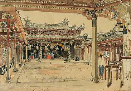 新加坡一座华人寺庙的庭院`Hof eines chinesischen Tempels in Singapur (1858) by Joseph Selleny