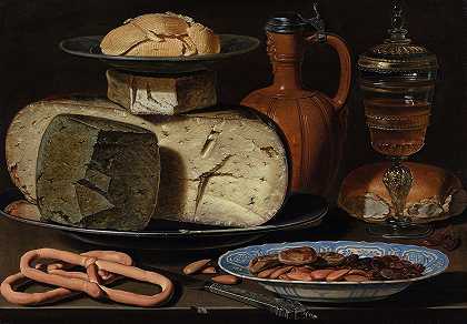 静物与奶酪、杏仁和椒盐卷饼`Still Life with Cheeses, Almonds and Pretzels (c. 1615) by Clara Peeters
