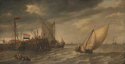 在强风中在斯凯尔特河上的一个码头下船的旅行者`Travellers Disembarking at a Jetty on the Scheldt in Strong Winds (c. 1635) by Bonaventura Peeters the Elder