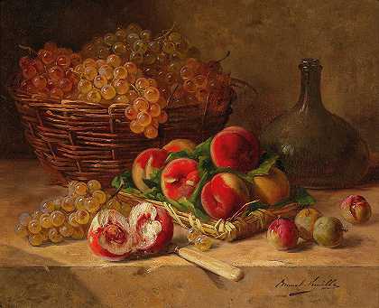 Arthur Alfred Brunel de Neuville的《桃子和葡萄的水果静物》`Fruit Still Life with Peaches and Grapes by Arthur-Alfred Brunel de Neuville