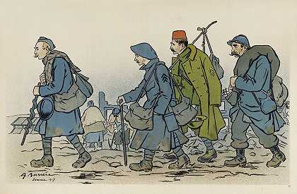 一队行军士兵`Groupe de soldats en marche (1917) by Adrien Barrère