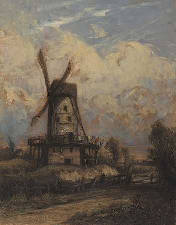 云天下的风车`A Windmill against a Cloudy Sky (1845~1850) by Constant Troyon