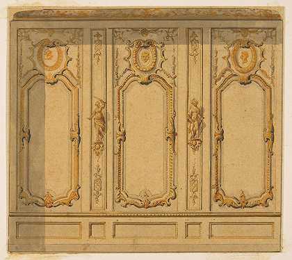 室内立面图，墙上装饰着华丽的嵌板和镶嵌的雕像`Elevation of an interior showing a wall decorated in ornate panels and mounted statuettes (1830–97) by Jules-Edmond-Charles Lachaise