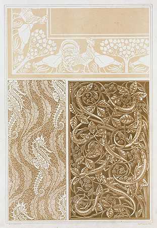 公鸡和母鸡，该死的海马和海藻，花边蜥蜴和圆形，青铜格栅`Coqs et poules, damassé; hippocampes et algues, dentelle; lézards et ronces, grille en bronze (1897) by Maurice Pillard Verneuil