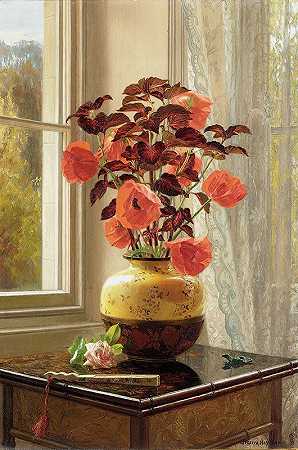 杰西卡·海利亚尔（Jessica Haylar）的景泰蓝花瓶中的东方罂粟和柯丽叶`Oriental Poppy and Coleus in a Cloisonné vase by Jessica Hayllar
