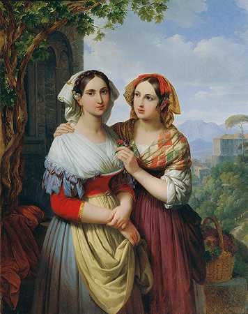 风景中的两个女孩`Two Girls In A Landscape (1842) by Johann Nepomuk Ender