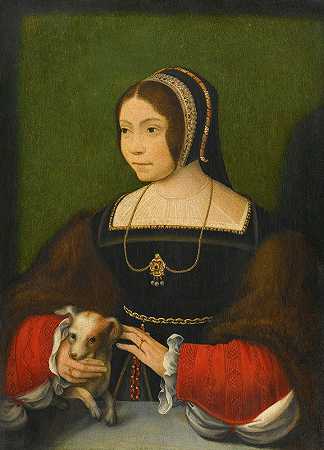一位女士和一只小狗的肖像`Portrait Of A Lady With A Small Dog (16th Century) by Flemish School
