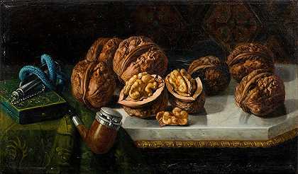 胡桃和海泡石的静物画`Still Life with Walnuts and Meerschaum (19th century) by Jose Felipe Parra