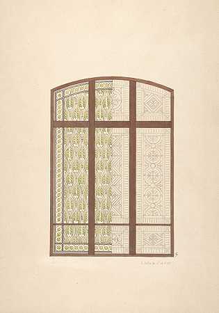 设计为拱形彩色玻璃窗，显示两种可选模式`Design for an arched stained glass window, showing two alternative patterns (1869) by Jules-Edmond-Charles Lachaise