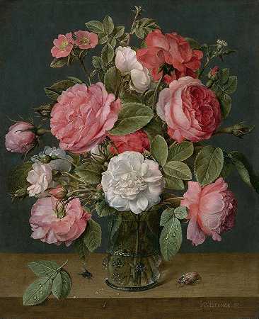 雅各布·范·霍尔斯顿克的《玻璃花瓶里的玫瑰》`Roses in a Glass Vase (c. 1640 ~ 1645) by Jacob van Hulsdonck